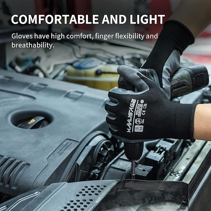 MANUSAGE Safety Work Gloves, Nitrile Work Gloves For Men and Women, Work Gloves With Touchscreen Fingers, Work Gloves men, Men's work gloves with grip,mechanics gloves (Size L, Black, 3-pairs)