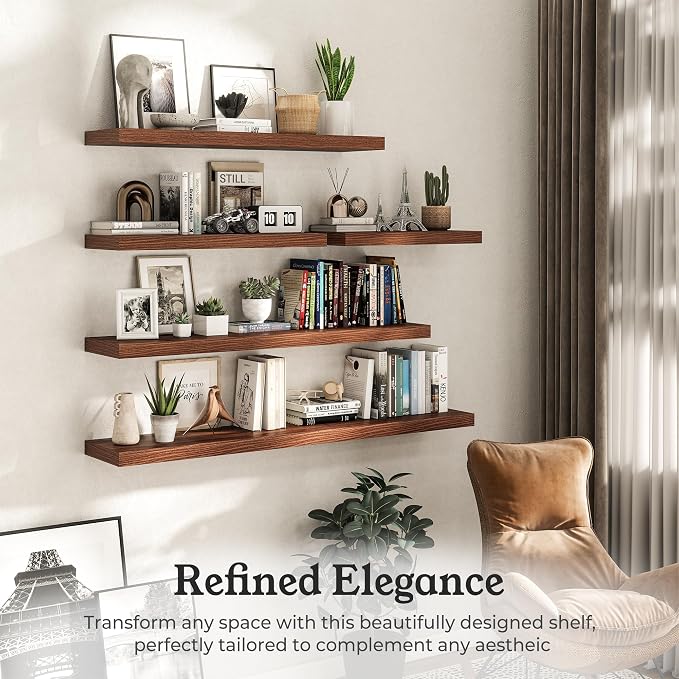 24" Walnut Floating Shelves Wood Wall Shelf, Walnut Color, Set of 2 | Wall Mounted Wood Shelves, For Bathroom, Bedroom, Living Room, Kitchen, Hanging Shelf for Books/Storage/Room Décor