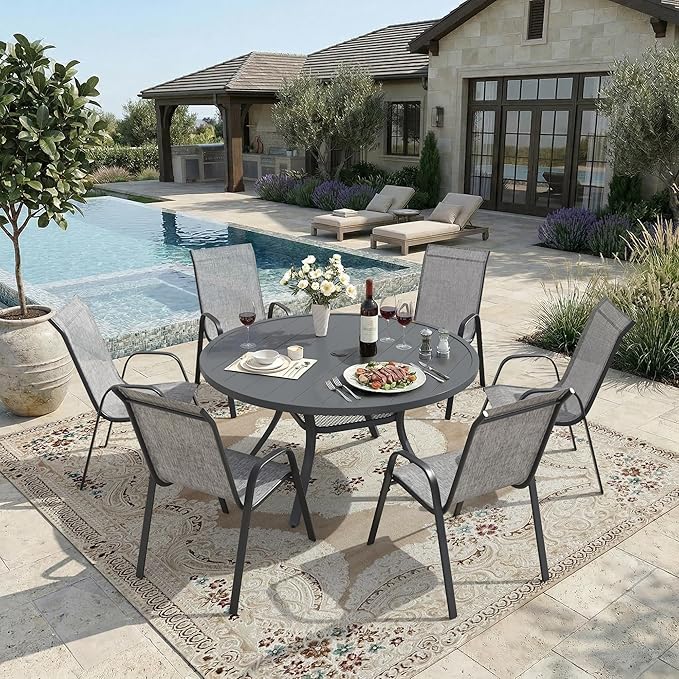 DIFY Patio Chairs Set of 6, Stackable Outdoor Dining Chairs Set with Breathable Textilene High Back and All-Weather Metal Frame for Garden, Backyard, Deck, Grey