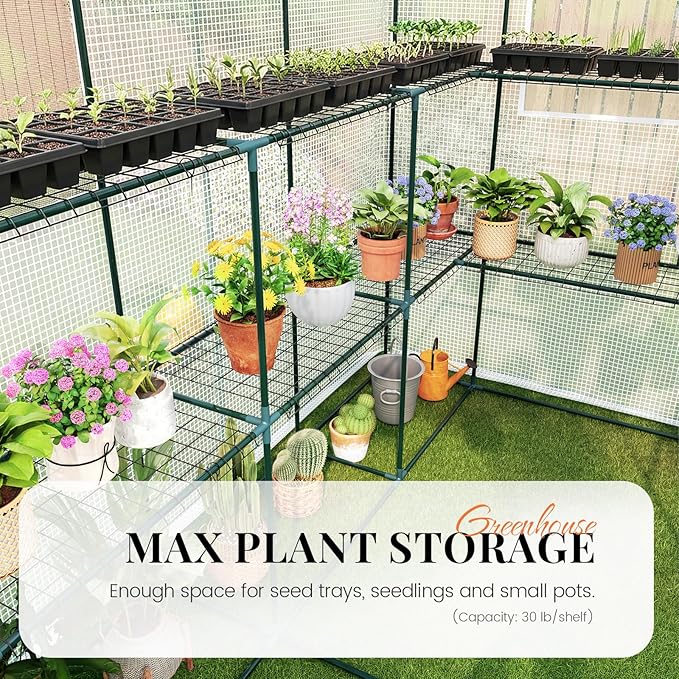 KING BIRD Premium Greenhouse for Outdoors, 84x56x77 Upgraded PVC Cover & Heavy Duty Steel Frame Walk-in Portable Green House for Outside Garden, Screen Windows & Mesh Door, 3 Tiers 14 Shelves, White