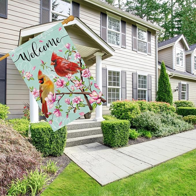 Cardinal Bird Welcome Spring Garden Flag, 28x40 Vertical Double Sided Burlap Tree Flower Spring Flag for Outside Farmhouse Yard Decorations