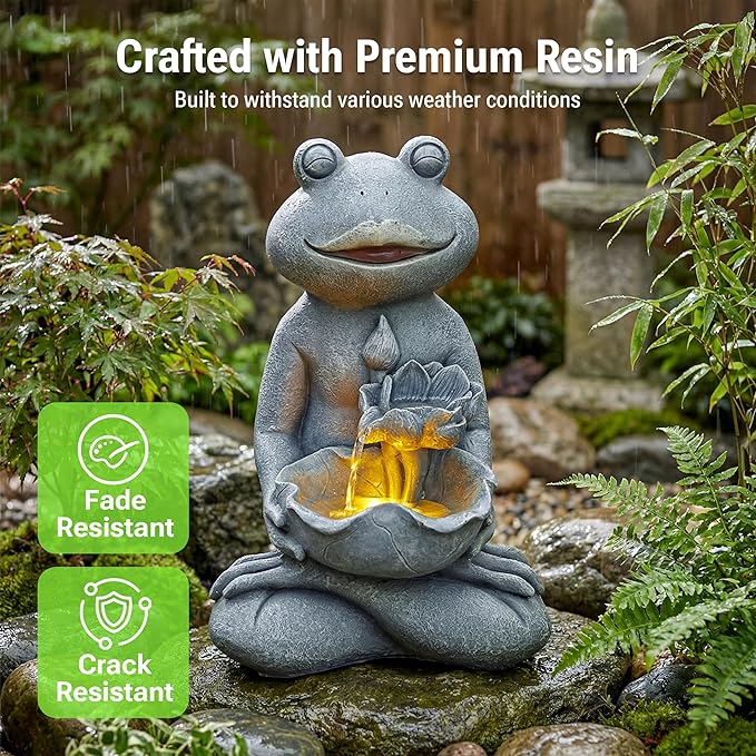 19-Inch Outdoor Water Fountain, Lively Frog Hold a Lotus Resin Waterfall Fountain with Warm LED Light, Frog Statue Water Feature for Garden, Patio, Porch, Backyard, Deck, Lawn, Balcony in Gray