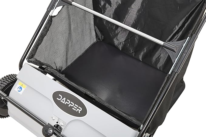 Dapper Supply 26-Inch Push Lawn Sweeper, Grass, Lawn and Leaf Cleanup Collector with Large 7 cu. ft. Hopper Bag, and Dual Spinning Brushes, Grey