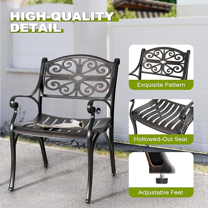 NUU GARDEN Patio Dining Chairs Set of 2, Cast Aluminum Outdoor Chairs with Armrests, Bistro Patio Chairs for Garden Lawn Porch Backyard Poolside, Black with Gold Painted Edges
