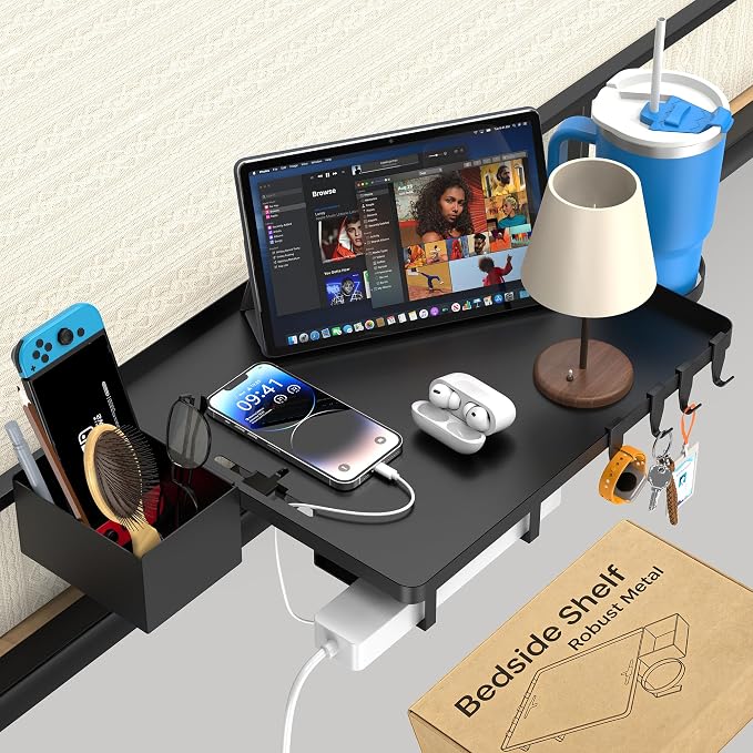 Bedside Shelf, Metal Shelf for Dorm Room Clip On Floating (Black) | College Dorm Room Essentials for Bunk Bed & Top Bunk, Space Saving Nightstand For Loft Beds With Removable Cup & Holder
