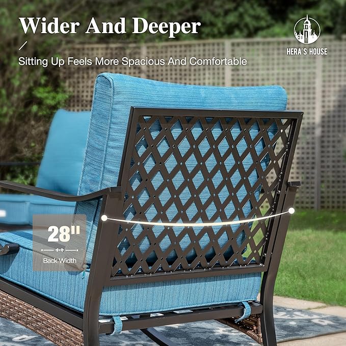 HERA'S HOUSE Patio Chairs Set of 2, High Back Outdoor Dining Chairs with Thick Cushions, All Weather Metal Frame Furniture for Garden, Backyard, Deck, Peacock Blue