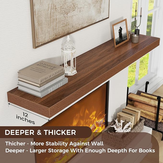 48 Inch Floating Shelves for Wall, 12"D Wood Storage Shelves, Walnut Finish