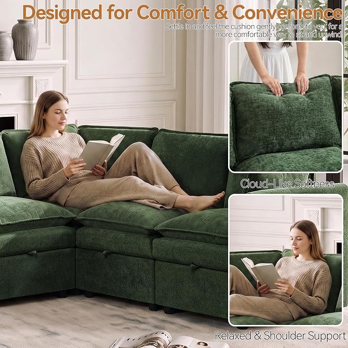 105" U-Shaped Storage Modular Sectional Sofa for Living Room, Green