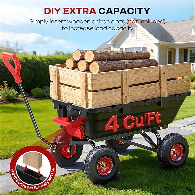 Autodaya 900LB Garden Dump Cart, 2026 Upgraded Heavy Duty Wheelbarrow Cart with 10" Non-Slip Pneumatic Tires & Quick-Release System, 4-Wheel Steel Frame Wagon for Transportation in Yard, Farm, Garden