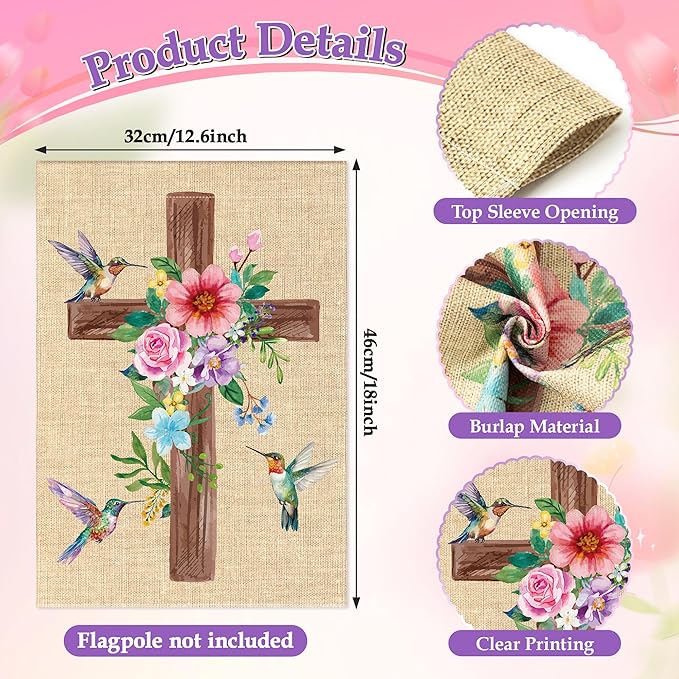 WATINC Spring Summer Hummingbird Flower Christian Cross Linen Garden Flag - 12 x 18 Inch Easter Religious Yard Flag for Outside, Double Sided House Outdoor Decoration for Porch Lawn Pathway (Pink)