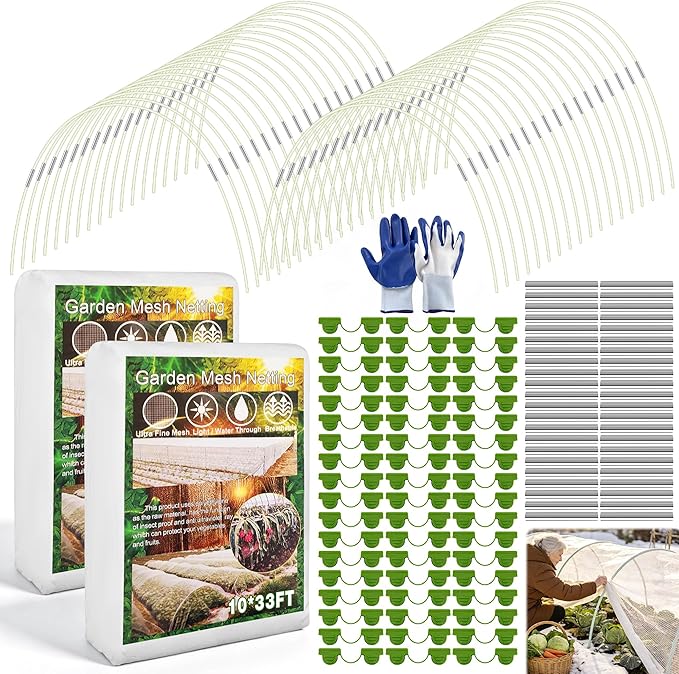 Garden Mesh Netting Kit, 2 Pieces 10x33FT Garden Netting, 100 Garden Hoops 80 Connectors 72 Clips 1 Pair Gloves, Protection for Plant Vegetable Fruits Flowers Greenhouse (White 10 * 33ft)