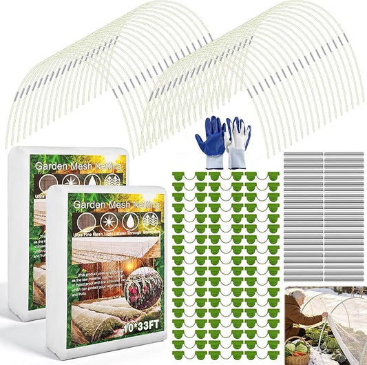 Garden Mesh Netting Kit, 2 Pieces 10x33FT Garden Netting, 100 Garden Hoops 80 Connectors 72 Clips 1 Pair Gloves, Protection for Plant Vegetable Fruits Flowers Greenhouse (White 10 * 33ft)