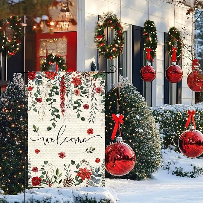 Christmas Red Poinsettia Welcome Garden Flag 12x18 Inch Double Sided, Xmas Berry Burlap Small Yard Flag Winter Floral Farmhouse Flags Seasonal Patio Outdoor Outside Decoration