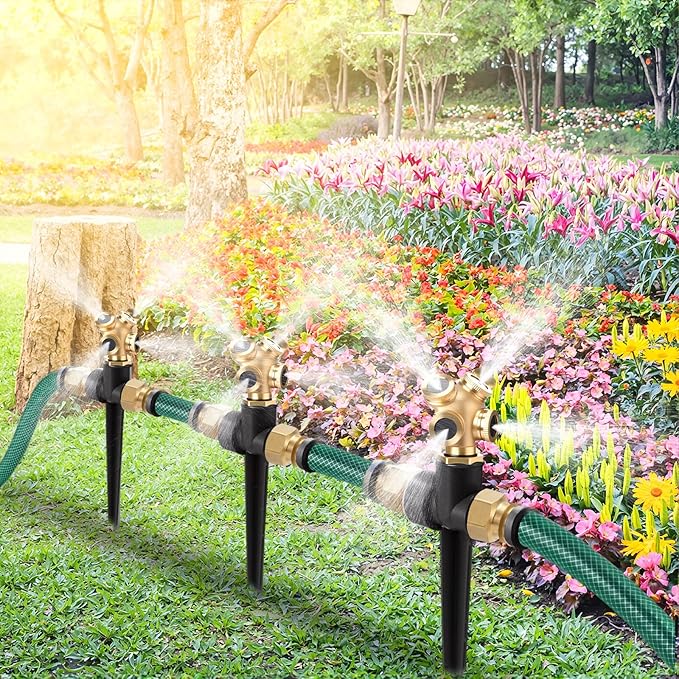 Tioncy 4 Pack Metal Lawn Sprinkler with Brass Nozzle, Heavy Duty Garden Spike Sprinkler Automatic Irrigation Tool for Lawn Garden Yard Greenhouse(Multi Nozzle,Black)