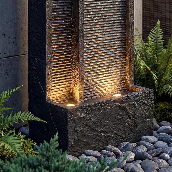 41-Inch Outdoor Water Fountain, Modern Resin Waterfall Fountain with 3 Warm LED Lights, Texture Freestanding Water Feature for Garden, Patio, Yard, Porch, Deck, Lawn, Balcony in Gray, Home Decor