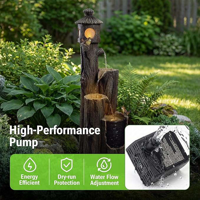 42-Inch Outdoor Water Fountain, 4-Tier Resin Birdhouse Waterfall Fountain with 4 Warm LED Lights, Rustic Tree Trunk Design, Home Decor for Garden, Porch, Deck, Yard, Patio, Lawn in Black