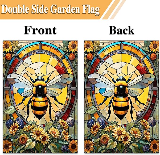 Summer Bee Garden Flags for Outside 12×18 Inch Double Sided Spring Flowers Garden Flags with Bee Glass Style for House Indoor Outdoor Lawn Yard Garden Sign Decor