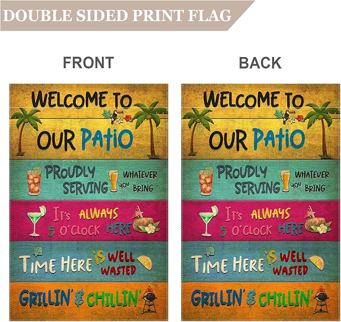 Snycler Welcome To Our Patio Garden Flag, 12.5x18" Party Decorations, Summer Decor, Outdoor Beach Bar Pub Porch Patio Deck Backyard Poolside Decor Outside