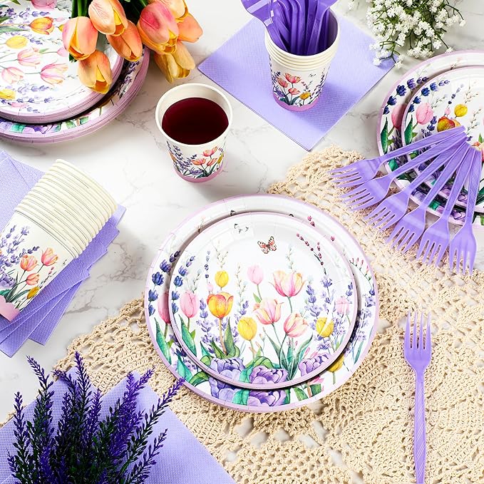 Mumufy 120 Pcs Spring Party Supplies Lavender Tulip Butterfly Floral Tableware Set Include 24 Disposable Paper Dinner Plates 24 Dessert Plate 24 Napkins 24 Cups 24 Forks for Spring Party Baby Shower