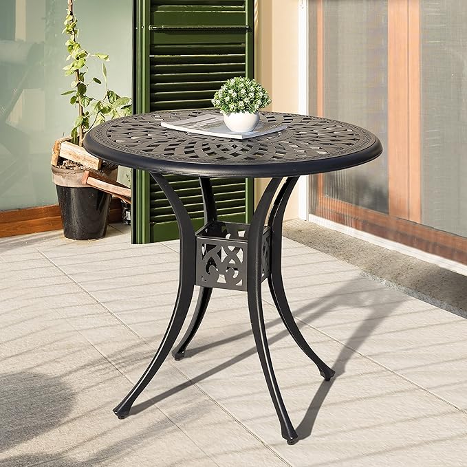 NUU GARDEN 30 Inch Patio Dining Table, Cast Aluminum Round Outdoor Table with Umbrella Hole for Patio, Backyard, Deck-Black