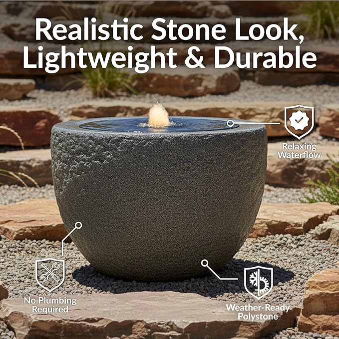 Sunnydaze Outdoor Water Fountain with LED Light - Polystone Oval Bowl Bubbler Water Feature with Pump - 12" H - for Patio, Garden, Deck, Relaxation and Stress Relief - Gray