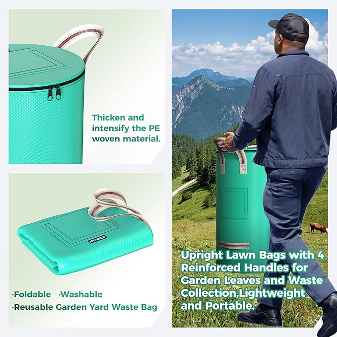 Reusable Garden Yard Waste Bag – 14.39Gallon Breathable Thickened Reusable Lawn Bag, with 4 Handles for Easy Moving & Foldable Design, for Leaf & Miscellaneous Debris Collection(Green)