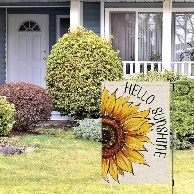 Hello Sunshine Summer Garden Flag 12x18 Inch Double Sided for Outside, Floral Sunflower Seasonal Burlap Yard Outdoor Flag