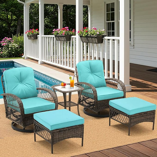 MELLCOM 5 Pieces Patio Furniture Set, Outdoor Swivel Rocker Patio Chairs with Ottomans, Wicker Conversation Set with Rocking Chairs, Glass Coffee Table for Backyard, Peacock Blue