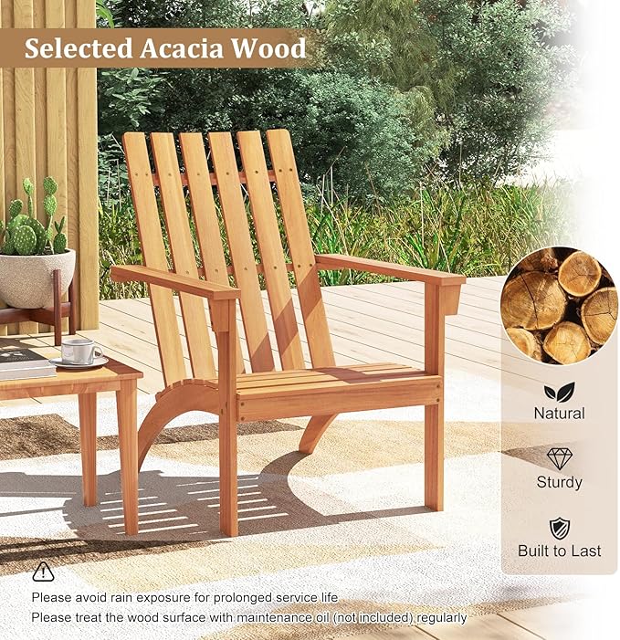 Tangkula Outdoor Adirondack Chair, Solid Acacia Wood Fire Pit Chair with Inclined Backrest, Curved Seat & Wide Armrests, Wooden Lawn Chair for Porch, Patio, Garden, Backyard, Deck (2, Natural)