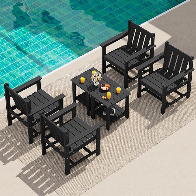 SEWRWALL Patio Furniture Set, HDPE Material All Weather Use Adirondack Chair Set with Side Table for Balcony, Porch, Garden, Backyard- Black