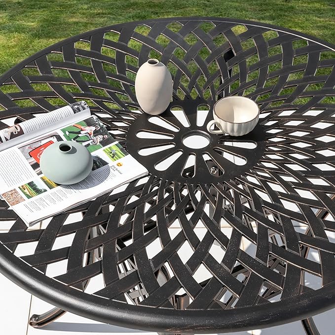 NUU GARDEN Cast Aluminum Outdoor Round Dining Table 42 Inch Patio Table with 2.24 Inch Umbrella Hole for Garden Backyard Balcony Black with Gold-Painted Edges