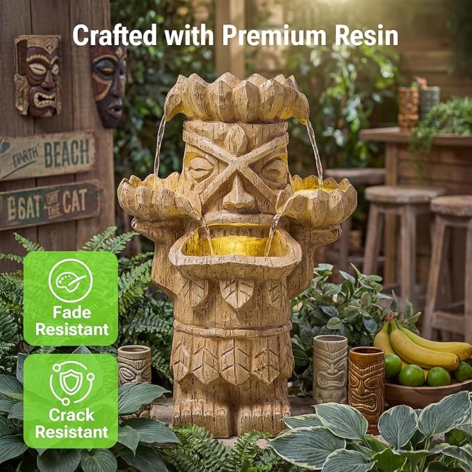 20-Inch Outdoor Water Fountain, 3-Tier Polynesian Tiki Head Resin Waterfall Fountain with 4 Warm LED Lights, Home Art Decor for Garden, Patio, Yard, Deck, Porch, Deck or Lawn in Natural Wood
