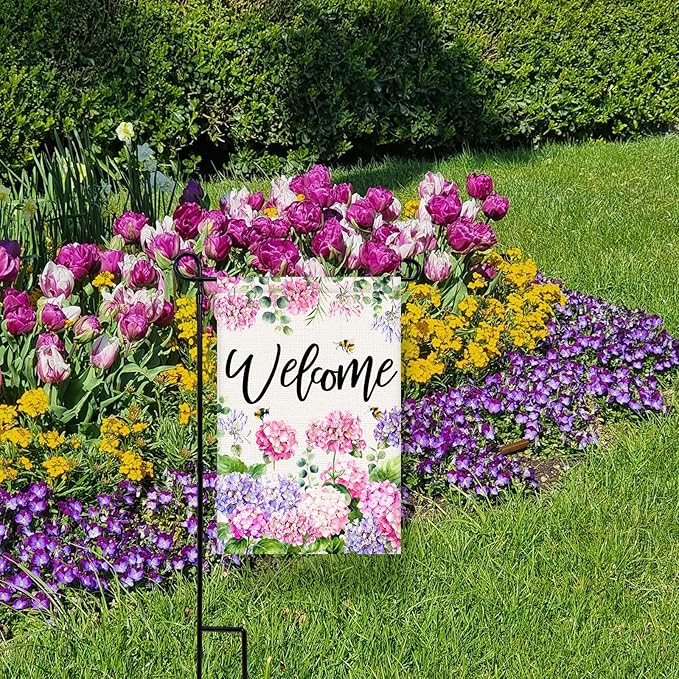 Welcome Spring Summer Garden Flag 12x18 Inch Double Sided Colorful Floral Hydrangea Bee Seasonal Small Burlap Garden Flags for Porch, Patio, Lawn, Farmhouse, Holiday Decoration