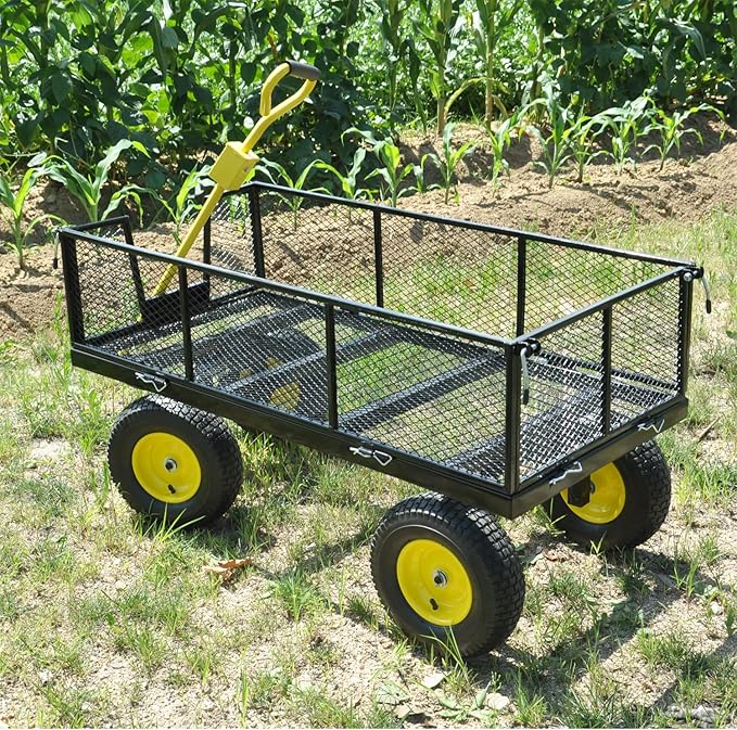 Steel Garden Cart 880 lbs Capacity Heavy Duty Garden Wagons,with Removable Steel Mesh Sides to Convert into Flatbed,Utility Metal Wagon w/ 180°Rotating Handle (Big-Pneumatic)
