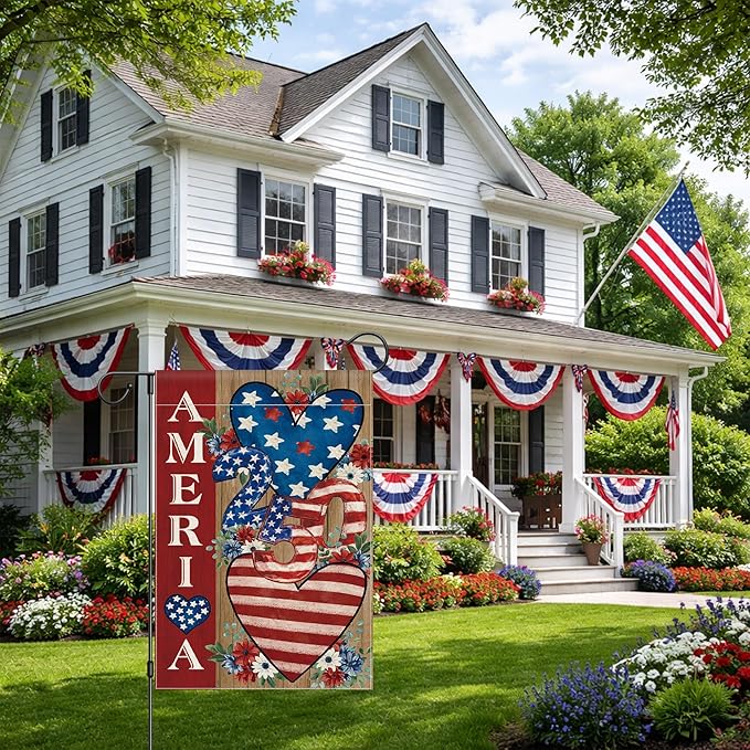 4th of July Garden Flag, 250 Anniversary USA Flag Patriotic America Memorial Day Yard Outdoor Decorations Outside American Heart 250 Years Fourth of July Garden Flag Double Sided Waterproof 12x18 Inch