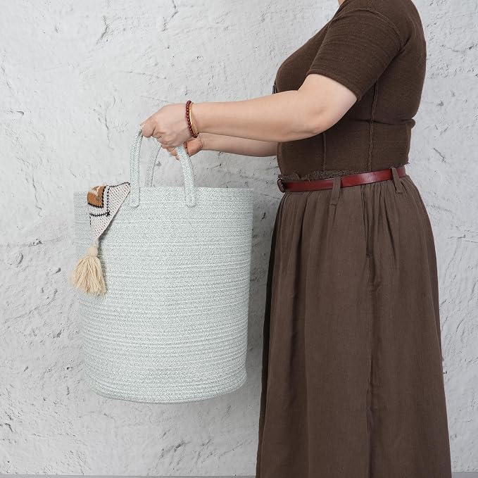 XUANGUO Cotton Rope Laundry Basket Hamper for Clothes, green