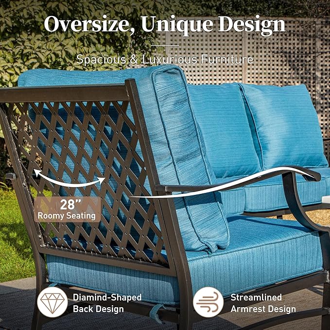 SUNSHINE VALLEY Metal Outdoor Rocker Patio Chairs Set of 2 with 5.75" Extra Thick Cushion, 2 Piece High Back Rocker Patio Chairs All Weather Outdoor Furniture Seating for Deck Balcony Porch, Blue-2