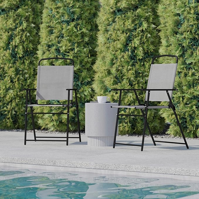 Flash Furniture Mystic Folding Patio Sling Chairs, Outdoor Textilene Lawn Chairs with Armrests, Set of 2, Gray