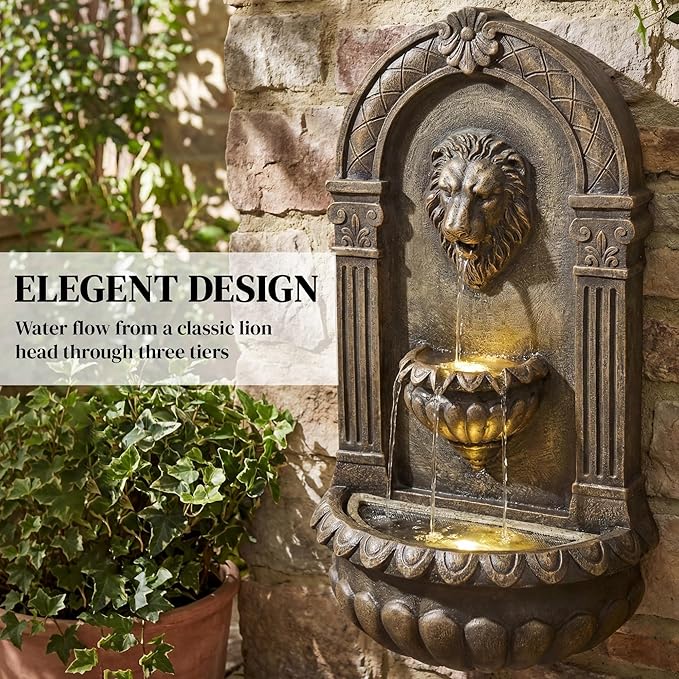 Outsunny 31" Wall-Mounted Outdoor Fountain, 3-Tier Cascading Water Feature with LED Lights and Adjustable Flow, Resin Garden Fountain for Patio Backyard, Bronze