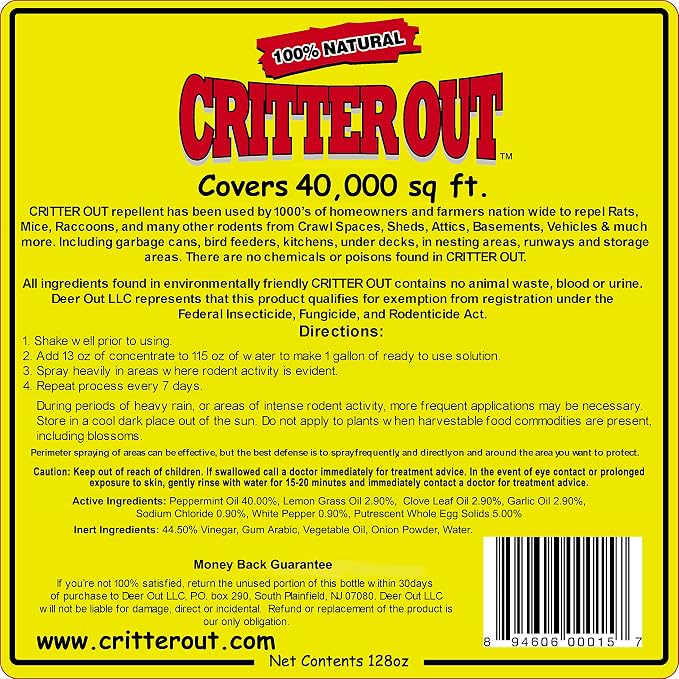 Mouse & Rat Repellent: Rodent Repellent: Critter Out 1 Gallon Concentrate | Mouse & Rat repellent, Peppermint Oil Repellent, Get Rid of Rats, Prevent Nesting, Stops Chewing, Protect Engine Wiring