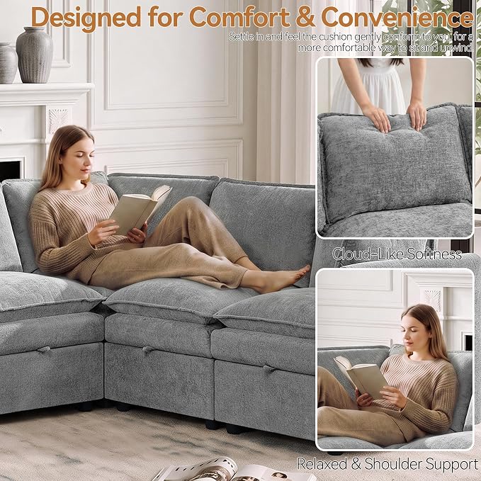 105" Storage V-Shaped Modular Sectional Sofa with 2 Ottomans, Light Grey