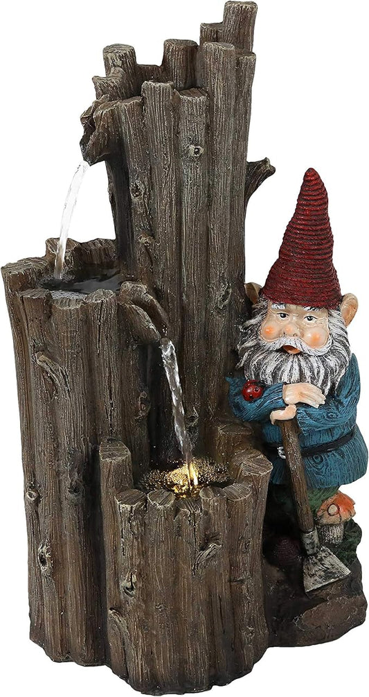 Sunnydaze Resting Gnome Outdoor Water Fountain with LED Light - Gnome Garden Fountain for Patio, Backyard or Deck - 17" High
