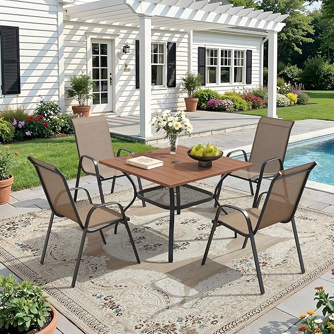 DIFY Patio Chairs Set of 2, Stackable Outdoor Dining Chairs Set with Breathable Textilene High Back and All-Weather Metal Frame for Garden, Backyard, Deck, Brwon