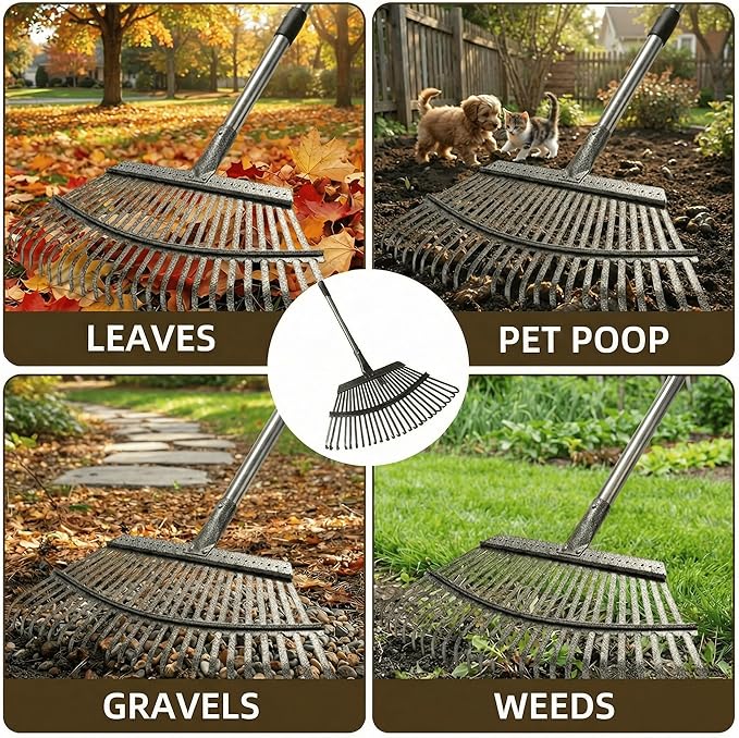 Garden Rake for Leaves, 20" Ultra Wide Heavy Duty Metal Leaf Rake, 40-68" Adjustable Long Handle Yard Rake with 25 Tines Head Women Kids Rakes for Lawns,Shrub,Grass,Pine Needles,Debris