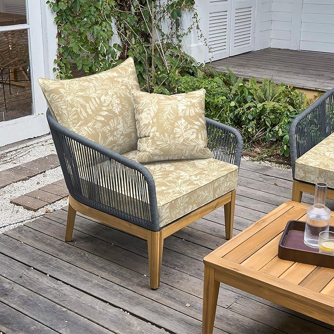 LVTXIII Outdoor Deep Seat Cushion Patio Seat and Back Cushion Set Seasonal Chair Cushion with Removable Cover and Adjustable Buckle for Home and Garden, 24"x24"x4", Tropical Leaf Oat