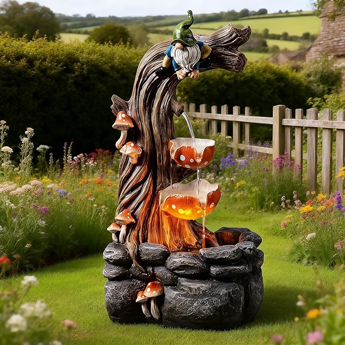 Tolevoit Gnome Outdoor Water Fountain with Warm LED Lights, Cascading Mushroom Waterfall on Tree Stump, Whimsical Garden Decor & Yard Art for Patio, Lawn, Porch and Indoor Tabletop