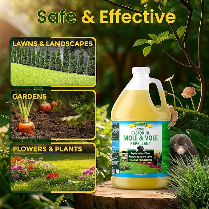 Nature's MACE Mole and Vole Mace, Mole Deterrent for Yard, 1 Gallon, 100% Pure Castor Oil, Lawns, Mole Repellent, Stop Tunneling, Mole Remover Treatment, Castor Oil Repellent, People, Pet, Plant Safe