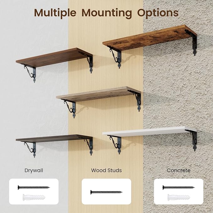 RICHFOCUS Floating Shelves for Wall Decor, 24Inch Shelves Set of 2, 24W x 8D Floating Shelves Wall Mounted with Metal Brackets, Rustic Wood Shelves for Living Room Bedroom Kitchen, Grey