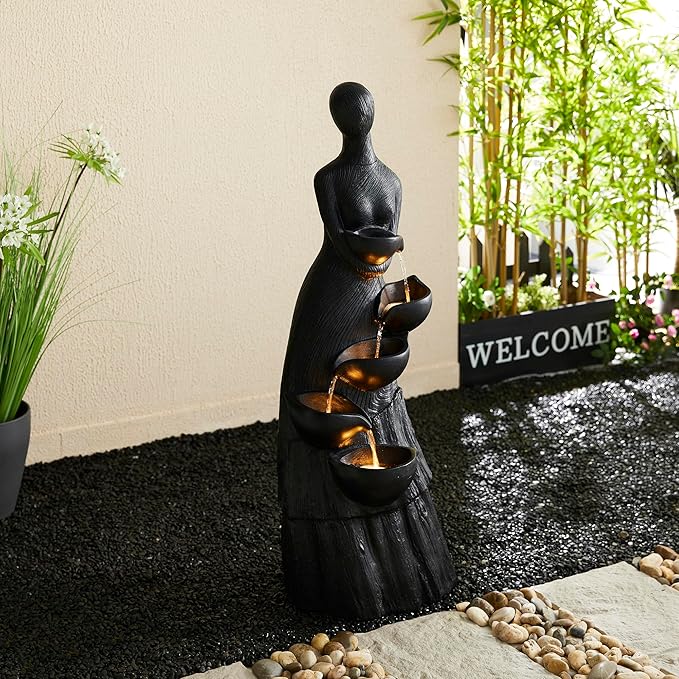Glitzhome 5 Tier Modern Women Sculpture Outdoor Water Fountain, Indoor Outdoor Woman Statue Waterfall Fountain with LED Lights for Porch Deck Garden Patio Backyard, 39.75" H