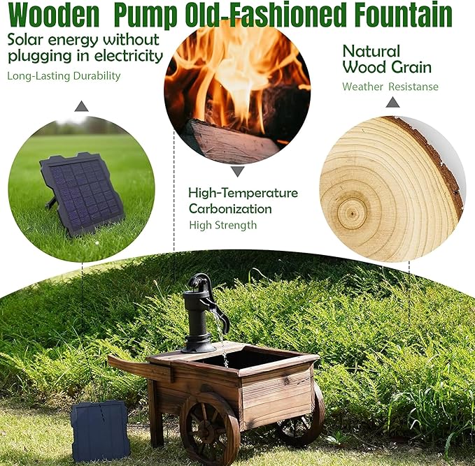 NestNature Outdoor Water Fountain,Wooden Wagon Wheel Pump Old-Fashioned Fountain,Solar-Powered Electric Decorative Hand Pump, Outdoor Water Feature for Patio, Garden & Indoor Decoration